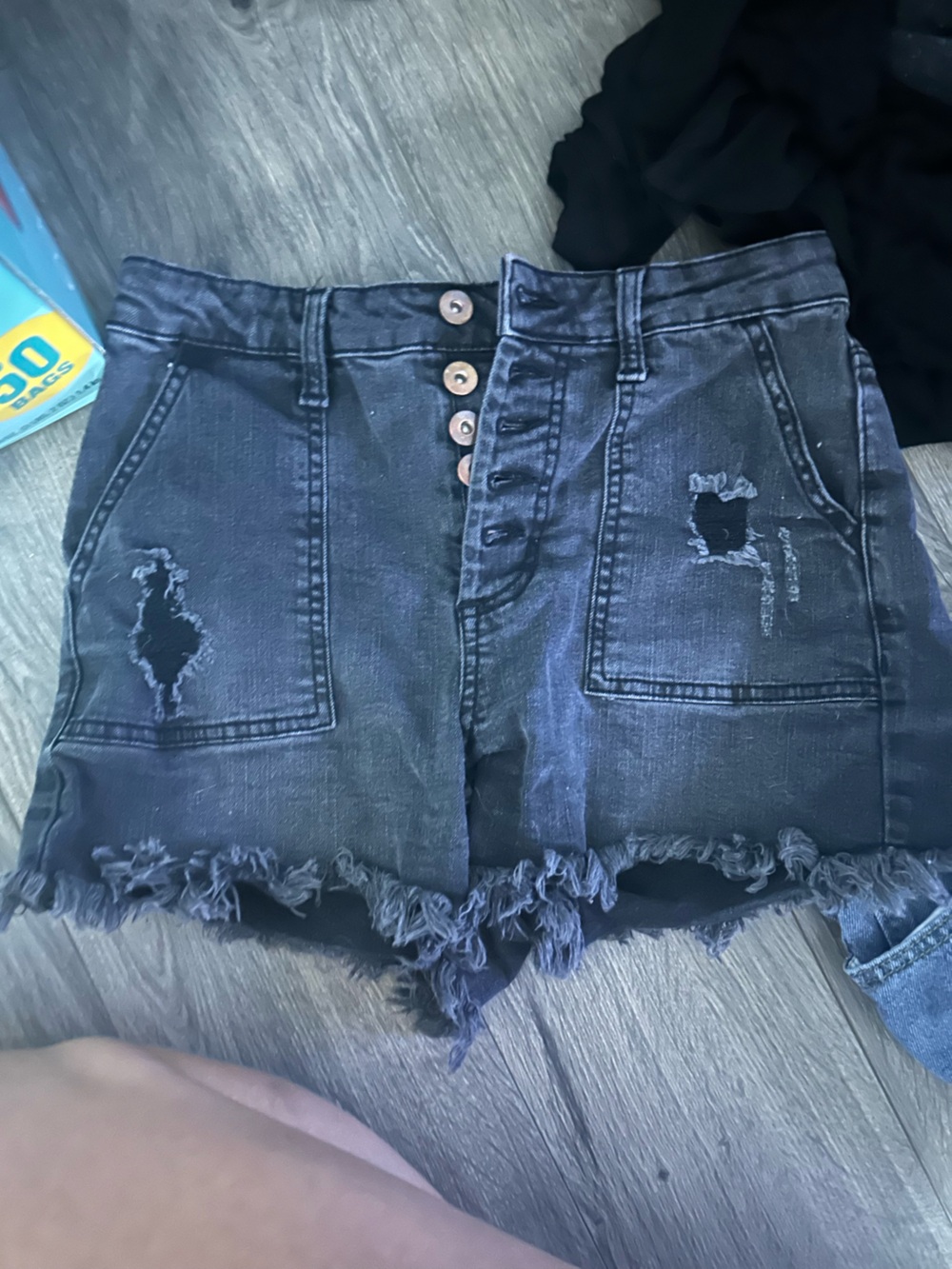 No Boundaries Black Frayed Distressed Button-Up Jean Shorts